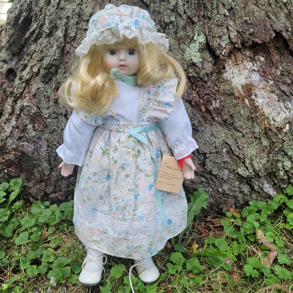 24" Porcelain Victorian Doll With Floral Dress & Bonnet By The Village Crossroad - Picture 1 of 7